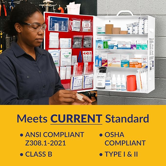 MFASCO 4 Shelf Commercial First Aid Kit, Type I & II, 2021 OSHA Approved,ANSI Z308.1-2021 Compliant, 528 pcs Latex-Free, Wall Mount Cabinet,No Medications,Easy Refilling Instructions, with Tourniquet