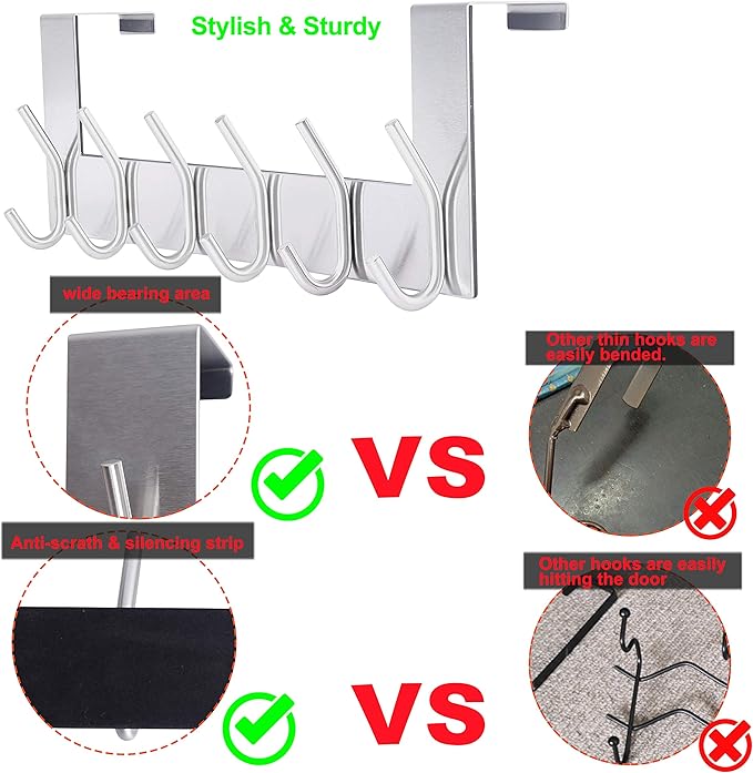 SKOLOO Over The Door Hook - 6 Hooks, No Assembly Required, Stainless Steel Door Hooks, Over Door Coat Rack for Hanging Coats Clothes Hats Robes, Silver