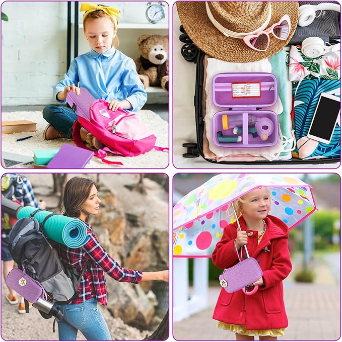 MGZNMTY Travel Carrying Case Compatible with Asthma Inhaler Spacer for Adults and Children, Masks, Inhaler Holder with Asthma Alert Tag and Medical Card, Carabiner (Only Case) (Purple)