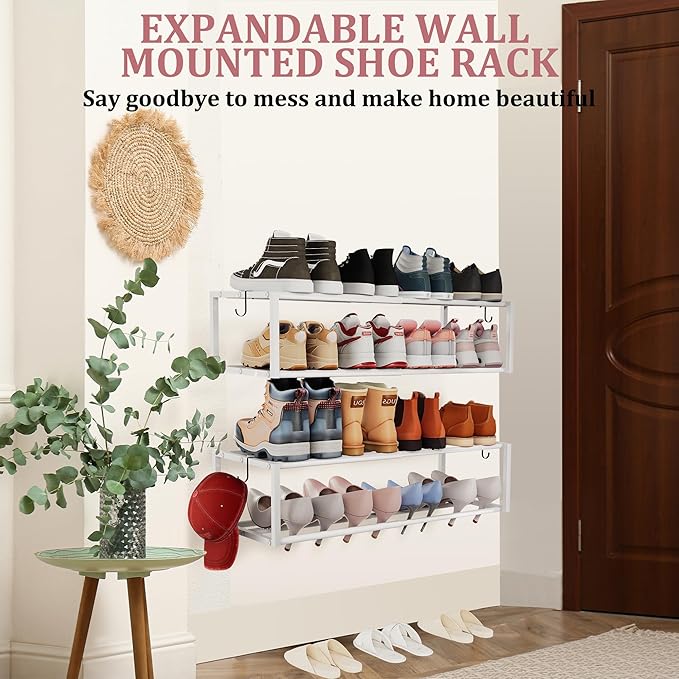 Expandable Wall Mounted Shoe Rack, 17"-31" Adjustable Hanging Shoe Rack Holds 8 Pairs, Heavy Duty Metal Shoe Holder with 2 Storage Hooks, Space Saving for Entryway Closet Doorway（White）