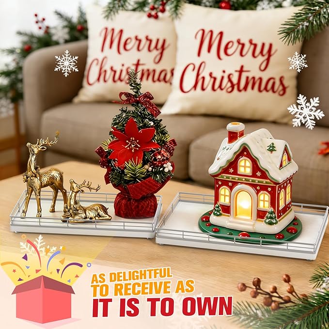 Bathroom Vanity Tray – 12" x 6" Oak Decorative Wooden Tray for Toilet Tank Organizer Wood Tray for Bathroom Countertop, Soap, Perfume & Accessories Storage, Vanity Dresser Decor, Sliver & White