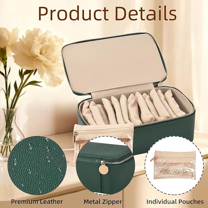Travel Jewelry Box,Jewelry Travel Organizer for Women Girl,Travel Jewelry Case with 12pcs Velvet Jewelry Pouches for Necklaces Rings Earrings Sorting Storage（Black Green）