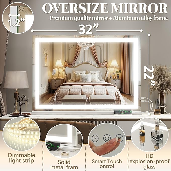 FENNIO Vanity Mirror with Lights 32"x22", Lighted Makeup Mirror, Large Vanity Mirror, Touch Sensor with 3-Color Lighting, USB Charging Port for Vanity Desk（Square White）