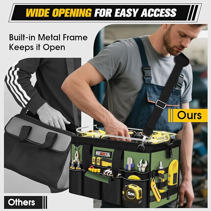 Heavy Duty Tool Bag 16-Inch - 19 Pockets Tool Organizer, Portable Electrician Toolbox W/Soft Handle, Gifts for Him Men Husband Boyfriend Mechanic Engineer Valentines Day, Wide Mouth Tool Box Storage