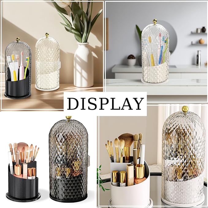 Multifunctional Rotating Toothbrush Holders with Sliding Lid, The 3-Slot Bathroom Countertop Vanity Organizer Perfect for Tooth Brush, Toothpaste, and Makeup Brushes Holder Storage (White)