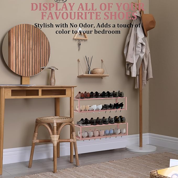 2 Pack Expandable Wall Mounted Shoe Rack, 17"-31" Adjustable Hanging Shoe Rack Holds 16 Pairs, Heavy Duty Metal Shoe Holder with 4 Storage Hooks, Space Saving for Entryway Closet Doorway（Pink）