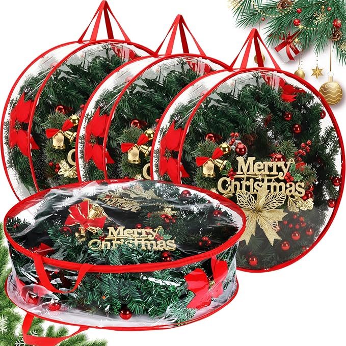 Shappy 4 Pcs 36 Inch Christmas Wreath Storage Container Clear Wreath Storage Bags PVC Waterproof Garland Bags with Clear Window Dual Zippers and Handles for Xmas Holiday Artificial Garland (Red)
