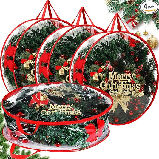 Zhengmy 4 Pack 30" 24" Wreath Storage Container Clear Christmas Wreath Storage Bags with Handle and Dual Zipper Plastic Decorative Garland Protector for Xmas Seasonal Holiday(Red)