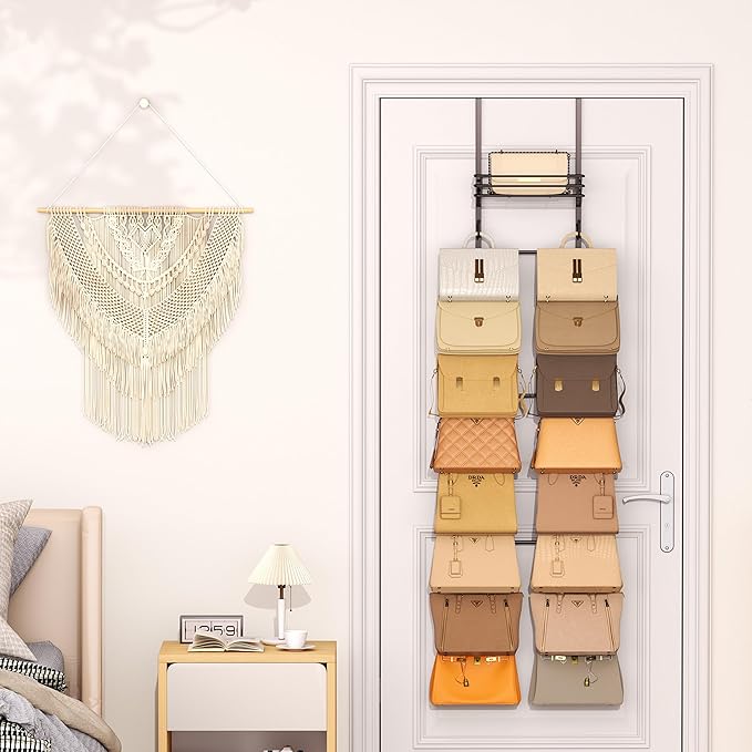 SWTYMIKI Over The Door Purse Organizer - Wall Mounted Handbag Organizer with 16 Hooks and Metal Basket, Hanging Purse Storage Rack Holds up to 16 Bags, Bag Rack Can Use As 1/2 Part, for Door, Closet