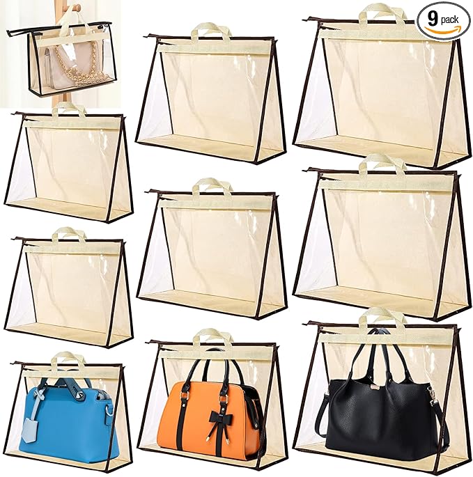 9 Pack Dust Bags for Handbags,Clear Purse Storage Organizer for Closet,3 Sizes Transparent Handbag Storage,Purse Protector Storage Bag,Purse Cover Hanging Closet Organizer with Zipper Handles
