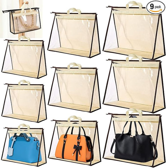 9 Pack Dust Bags for Handbags,Clear Purse Storage Organizer for Closet,3 Sizes Transparent Handbag Storage,Purse Protector Storage Bag,Purse Cover Hanging Closet Organizer with Zipper Handles