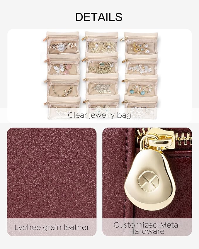 Vlando Jewelry Travel Case,Travel Jewelry Organizer with Clear Velvet Jewelry Bags 12Pcs Zipper Pouch for Women Gifts for Friends Sister-Red