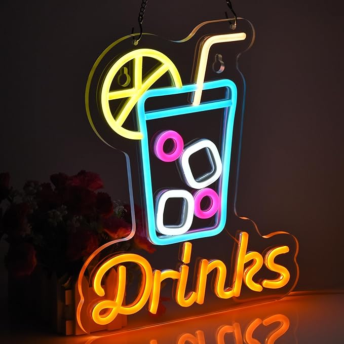 Drinks Neon Sign for Wall Decor Cool Drink Cup LED Light up Sign Cold Drinks Cocktail 3D Art Wall Lights for Home Bar Club Party Restaurant Cafes, USB Powered 12.6" x 11"