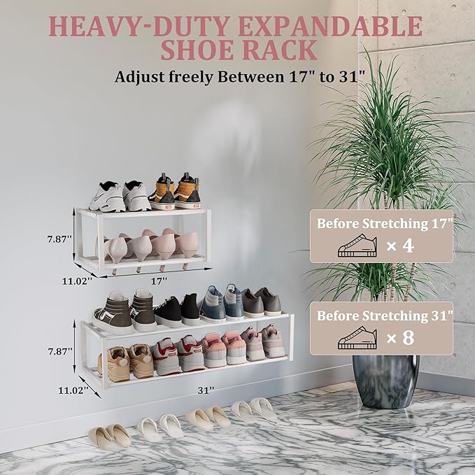 4 Pack Expandable Wall Mounted Shoe Rack, 17"-30"Adjustable Hanging Shoe Rack Holds 24 Pairs, Heavy Duty Metal Shoe Racks Holder with 8 Storage Hooks, Space Saving for Entryway Closet Doorway（White)