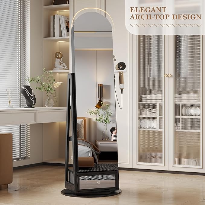 LVSOMT 360° Swivel Arched Jewelry Mirror Cabinet, 64"H Standing Jewelry Armoire with 6 LED Lights, Lockable Jewelry Organizer, Arch Full Length Mirror with Storage, Inner Makeup Shelf, Drawers (Black)