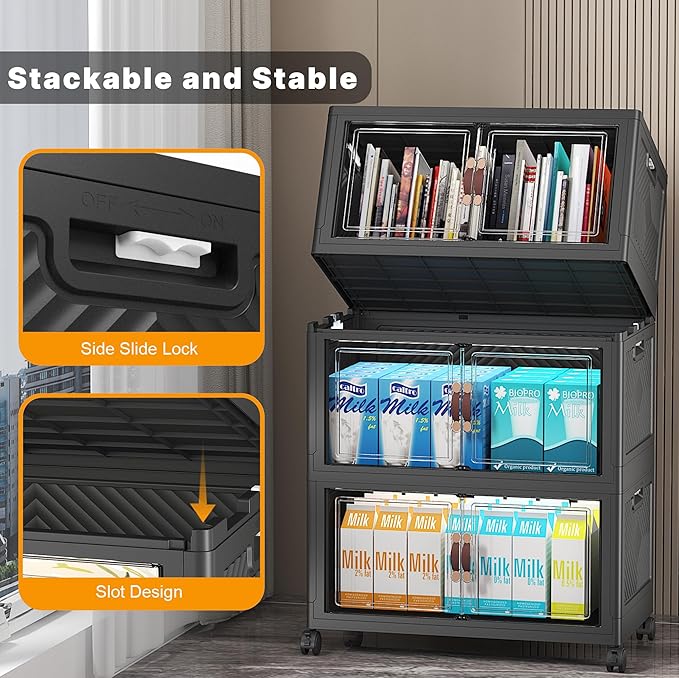 Extra Large Stackable Storage Bins with Lids & Wheels & Door, 312QT-52QT/13GAL*6Pack Foldable Collapsible Closet Organizers, Plastic containers drawers for bedroom Dorm