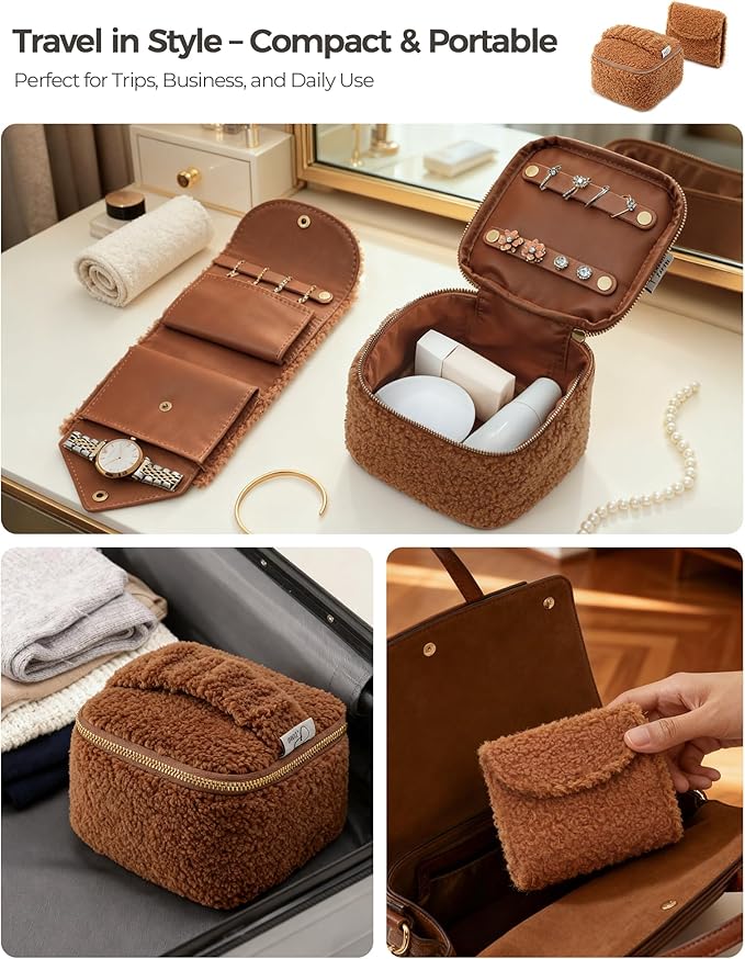 Travel Jewelry Case, 2-In-1 Small Jewelry Organizer Travel Jewelry Storage with Foldable Jewelry Roll for Earrings Rings Makeup, Travel Essentials Gifts for Women Girl, Toffee