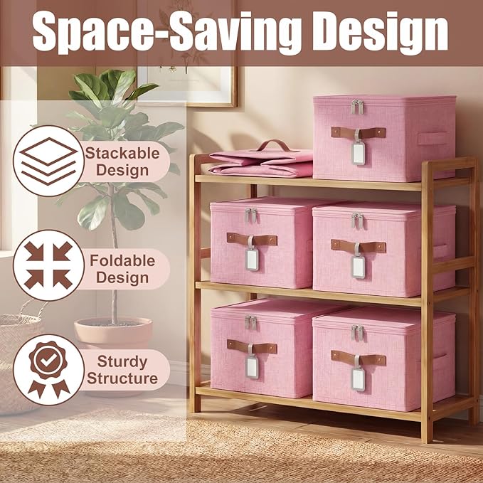 6 Pack Fabric Closet Storage Bins with Zipper Lids and Label, 10×8×7In Large Size Foldable Cotton Linen Storage Cubes Boxes with PU Leather Handles Holders for Bedroom, Nursery, Pink