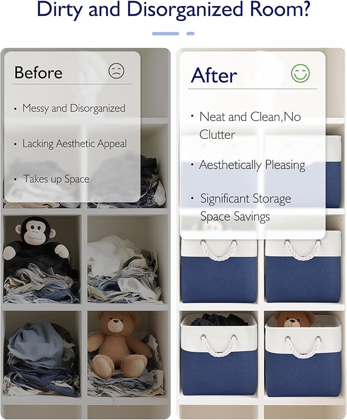 11 Inch Storage Cubes 4-Pack, Foldable Fabric Organizer Bins with Rope Handles, Cube Storage Baskets for Closet Shelves and Home Organization(White/Blue)