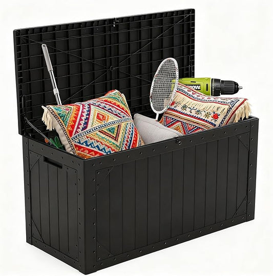 110 Gallon Resin Deck Box Waterproof Outdoor Storage Box for Patio Furniture Pool Accessories Indoor Storage for Cushion Garden Tools, Black