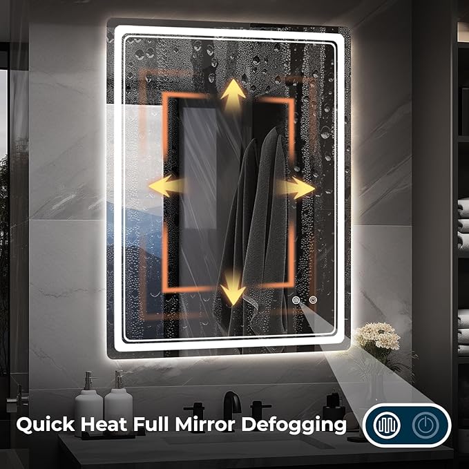 WallBeyond LED Bathroom Mirror with Lights, 28'' x 36'' Led Bathroom Vanity Mirror for Wall with Front and Backlit, Anti Fog Mirror for Bathroom, 3 Colors and Dimmable Light, Horizontal/Vertical