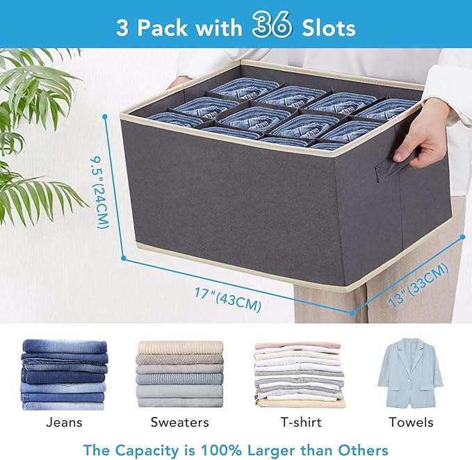 6 Pcs 12 Cell Large Size Pants Organizers for Clothes, Jeans, Sweater, T-shirt, Dress Stackable for Wardrobe Closet Drawer Organizer Storage Bin Container, Dark Grey