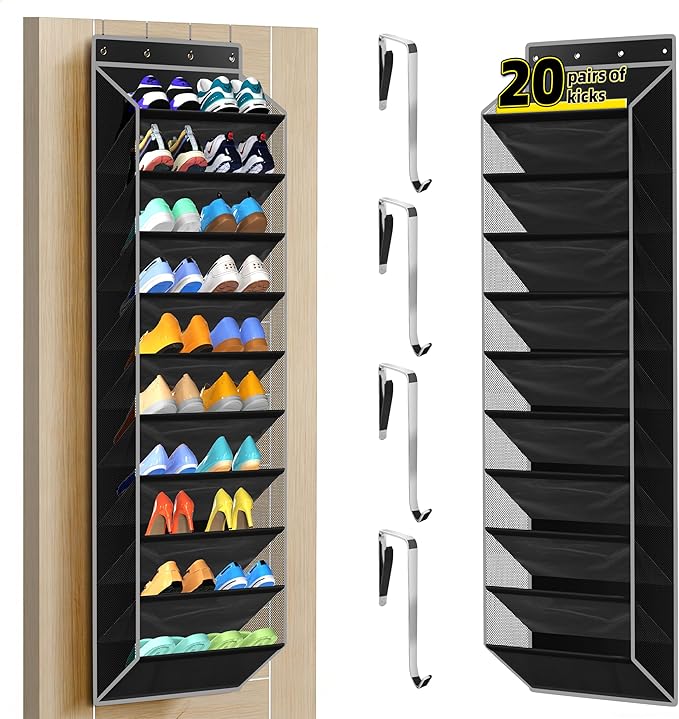 PAULONE 10-Pocket Multi-Use Over the Door Organizer, Heavy Duty 95lbs Capacity with Breathable Mesh, Versatile Hanging Storage for Shoes, Toys, Office Supplies-Classic (Black, 10-Shelf,)