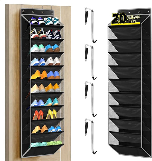 PAULONE 10-Pocket Multi-Use Over the Door Organizer, Heavy Duty 95lbs Capacity with Breathable Mesh, Versatile Hanging Storage for Shoes, Toys, Office Supplies-Classic (Black, 10-Shelf,)