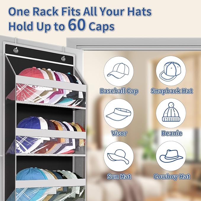 Over The Door Hat Organizer for Baseball Caps - Holds up 60 Hat Rack with Extra Large Row for Cowboy, Hat Storage for Closet, Bedroom, Cabinet, Space Saving Hanging Holder, Scarves, Accessories