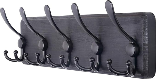 SKOLOO Rustic Wall Mounted Coat Rack: 16" Hole to Hole, Pine Real Wood Plank Wall Coat Rack with 5 Triple Hooks, Farmhouse Coat Hanger Wall Mount for Hanging Backpack Jacket Coat Hat
