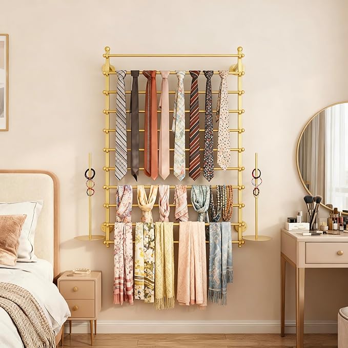 12 Layers Gold Wall Display Stand Wrapping Paper Ribbon Organizer Tie Scarf Rack Belt Towel Holder Spool Hijab Stand Metal Shelving for Home, Retail Stores, Flower Shop, Studio, Sewing-80cm