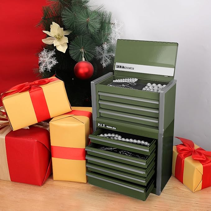P.I.T. Mini Army Green Tool Box, Portable 5-Drawer Micro Roll Cab Steel Tool Box with Liner, Army Green Small Tool Case for Tools Storage, Home DIY