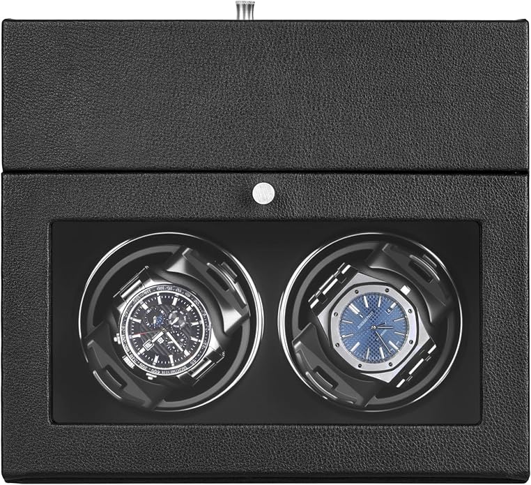 LLS Automatic Double Watch Winder with Storage Box, Japanese Quiet Motor, Adjustable Watch Pillows, Black PU Leather