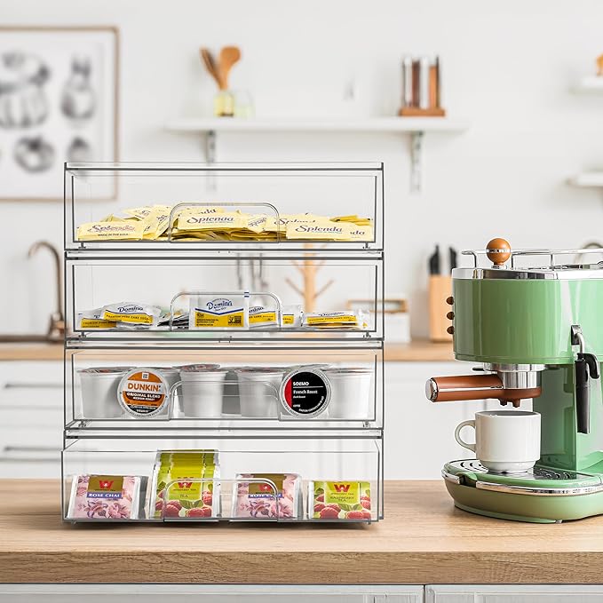 Sorbus Wide Stackable Acrylic Storage Drawers, 4 Pack Clear Plastic Organizer Bins for Baby Bottles, Makeup, Bathroom, Vanity &Countertop Organization, Pull-Out Drawer Design for Cabinets & Pantry