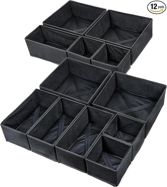 12 Pack Drawer Organizer Clothes, Foldable Fabric Dresser Organizer Closet Organizers and Storage Box for Underwear,Folded Clothes,Baby Clothing,Socks,Bra,Towels,Ties(12 Pack,Black)