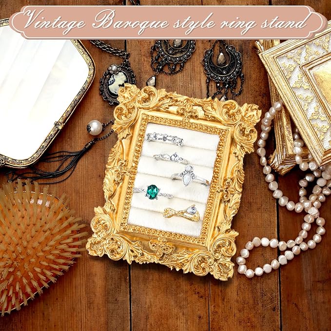 Vintage Ring Holder Rectangle Gold Ring Wedding Display Suede Jewelry Box Stand Frame Earring Tray Anniversary Engagement Baroque Organizer Photograph Prop for Women Birthday Christmas Gift