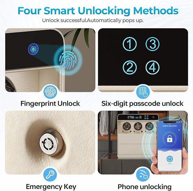 ZL ZELing Jewelry Box with Watch Winder, Fingerprint and Password Lock, Large Capacity Storage for with Necklace/Rings/Bracelets/Watchesage&Organizer Women Gifts,Dual Drawers, Beige