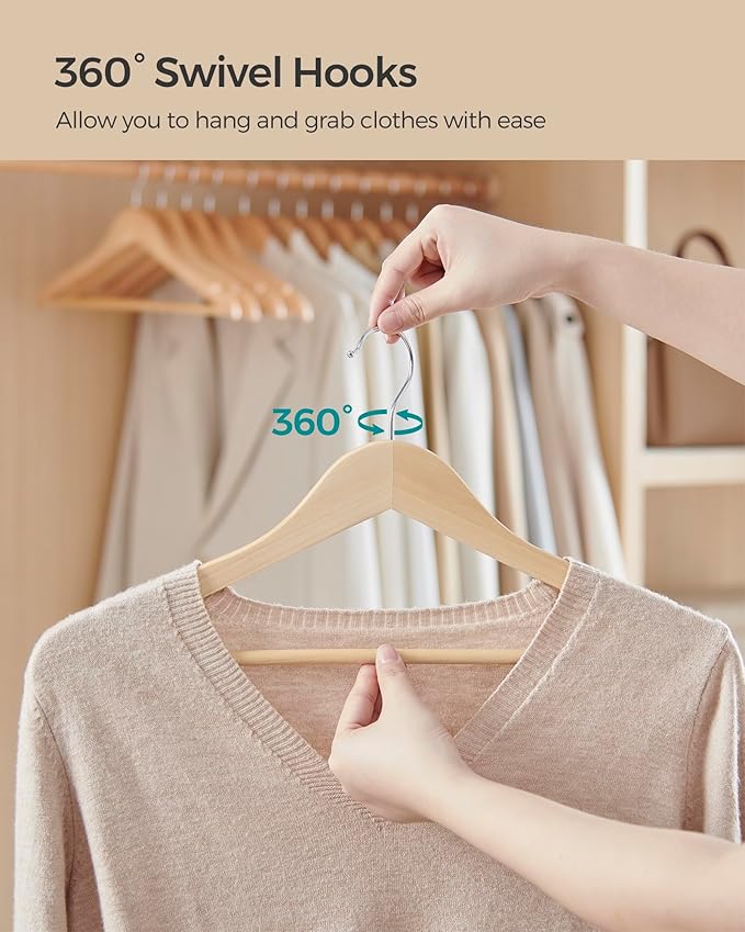 SONGMICS Wooden Hangers, Pack of 12, Coat Hangers, Non-Slip, Pants Bar, 360° Swivel Hooks, for Jackets, Shirts, Coats, Natural Wood UCRW010N12