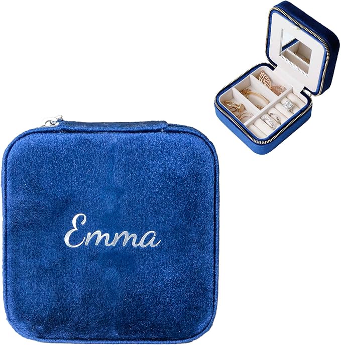 Customizable Compact Velvet Jewelry Box with Mirror, Travel Jewelry Case, Travel Jewelry Organizer, Jewelry Box for Women and Girls, Small Jewelry Organizer (Center Text, Winter Blue)