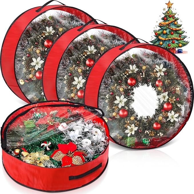 4 Pcs Christmas Wreath Storage Bag, Christmas Garland Storage Container with Clear Window, Zipper & Handle for Xmas Holiday Seasonal Wreath Garland Box(Red,30")