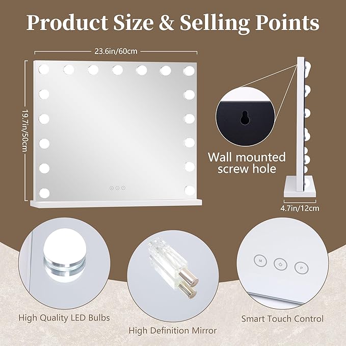 Vanity Mirror with Lights,Makeup Mirror with 17 Dimmable LED Bulbs, 3 Color Lighting Modes Detachable 10X Magnification Mirror Touch Control, 23.6X19,7 inch, White