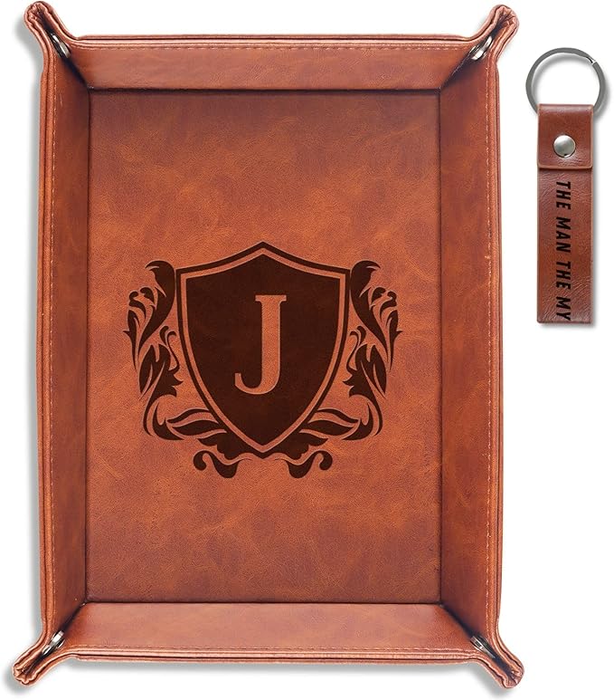 INNObeta Initial Valet Tray, Desktop Storage Organizer, PU Leather Bedside Tray Key Coin Holder, Personalised Gifts for Men, Birthday, Christmas, Letter J