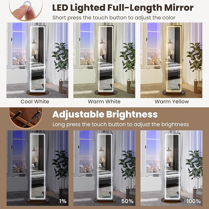 CHARMAID 360° Rotating Jewelry Armoire with LED Lighted Full Length Mirror & Built-in Vanity Mirror, Lockable Standing Jewelry Cabinet with Lights, Large Storage Organizer for Jewelry (Walnut)