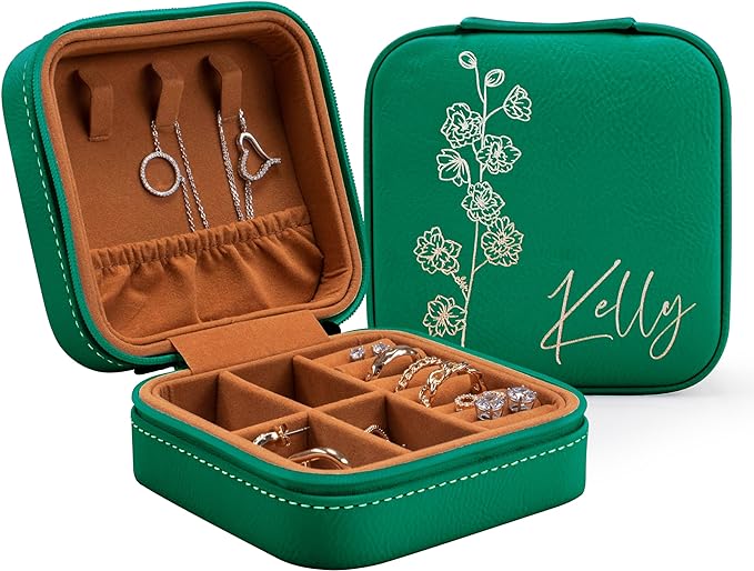 Custom Leather Jewelry Box w/Name & Birth Flower Month - Birthday Gifts for Women, Personalized Jewelry Travel Case - Customized Jewelry Organizer Box, Mom Birthday Gifts - Emerald