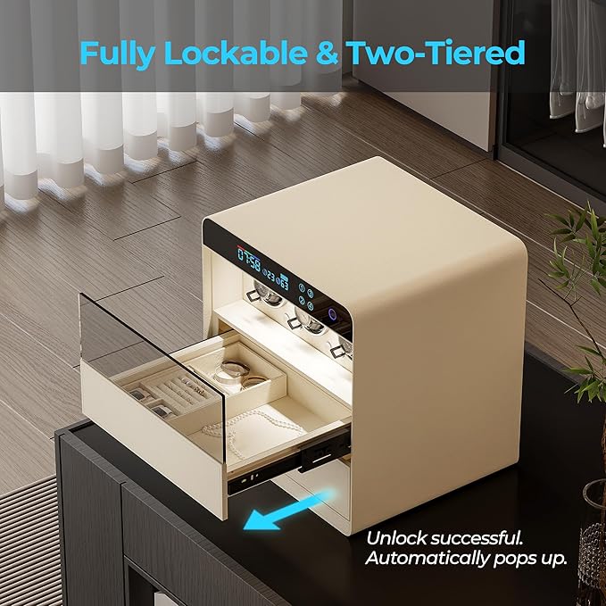 ZL ZELing Jewelry Box with Watch Winder, Fingerprint and Password Lock, Large Capacity Storage for with Necklace/Rings/Bracelets/Watchesage&Organizer Women Gifts,Dual Drawers, Beige