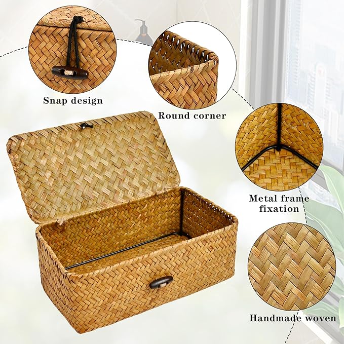 Dryer Sheet Holder, Woven Seagrass Dryer Sheet Container with Lid, Farmhouse Dryer Sheet Box Decor, Dryer Balls Dispenser for Laundry Room Organization and Storage-Natural Color