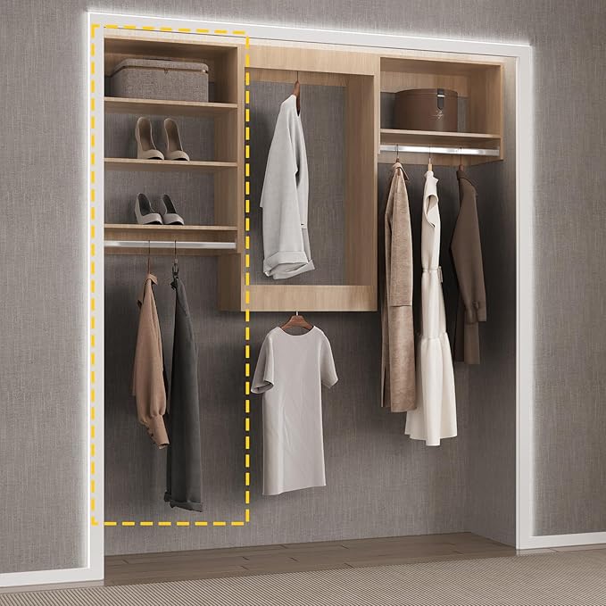 Medium Double Hanging Closet Unit, Modular System Organizer With Storage for Walk In Closets, Clothing Rack for Hanging Clothes, Bedroom, Wood, 25.5"W