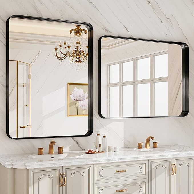 Matte Black Metal Framed Vanity Rounded Rectangle Bathroom 24X32 Inch Mirrors for Over Sink Wall,Modern Decorative for Restroom, Anti-Rust Aluminum Alloy Mirror, Horizontally or Vertically Hanging