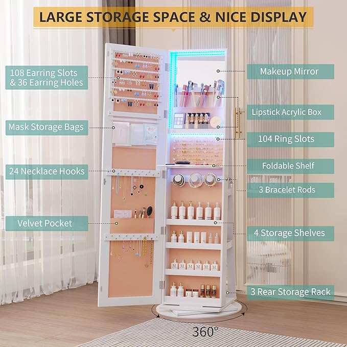 Vlsrka 360° Swivel Mirror Jewelry Cabinet, Large Jewelry Armoire Cabinet Standing, Lockable Full Length Mirror with Storage, 3 LED Lights, Foldable Makeup Shelf, Beige Velvet, White