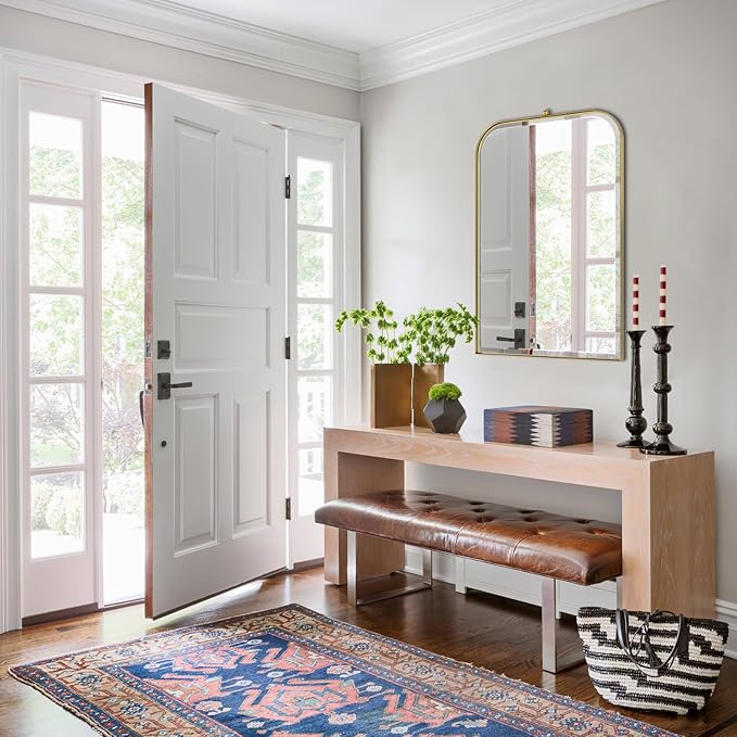 POZINO Brushed Gold Beveled Mirror, 20"x30" Arched Mirror for Over Sink, Rounded Rectangle Mirrors with Stainless Steel Frame, Brass Vanity Wall Mirrors for Bathroom Bedroom Living Room Entryway